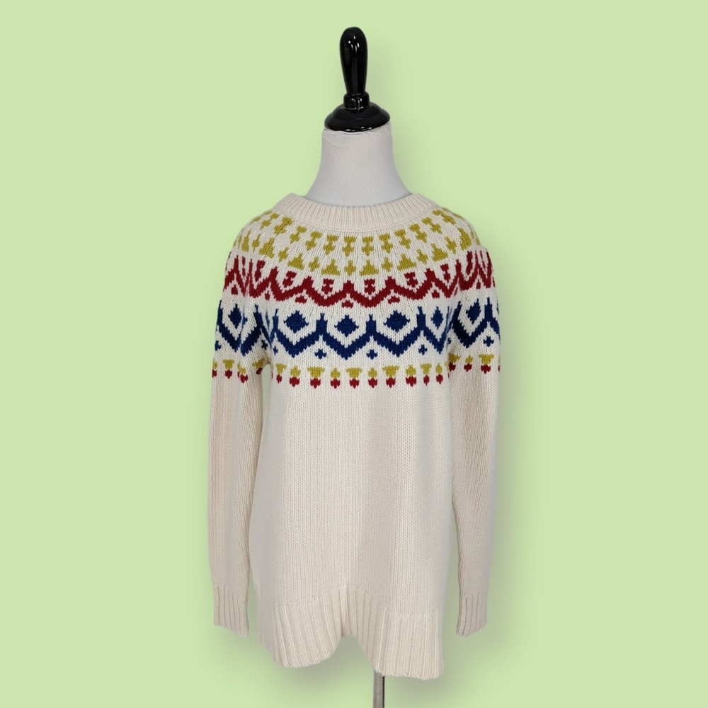J. Crew Wool Blend Fair Isle Ski Sweater   M Ivory/Blue/Red/Gold Off White K4650